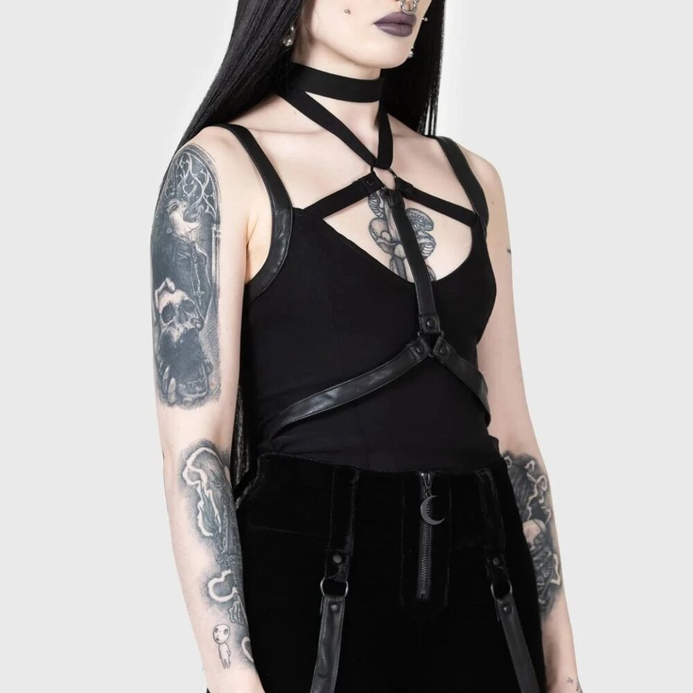 Killstar Power‎ Surge Top Womens M Stretchy Tank Black Faux Leather Straps NWT - Picture 3 of 9